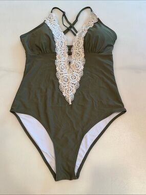 Olive Green One-Piece Swimsuit with White Lace Trim